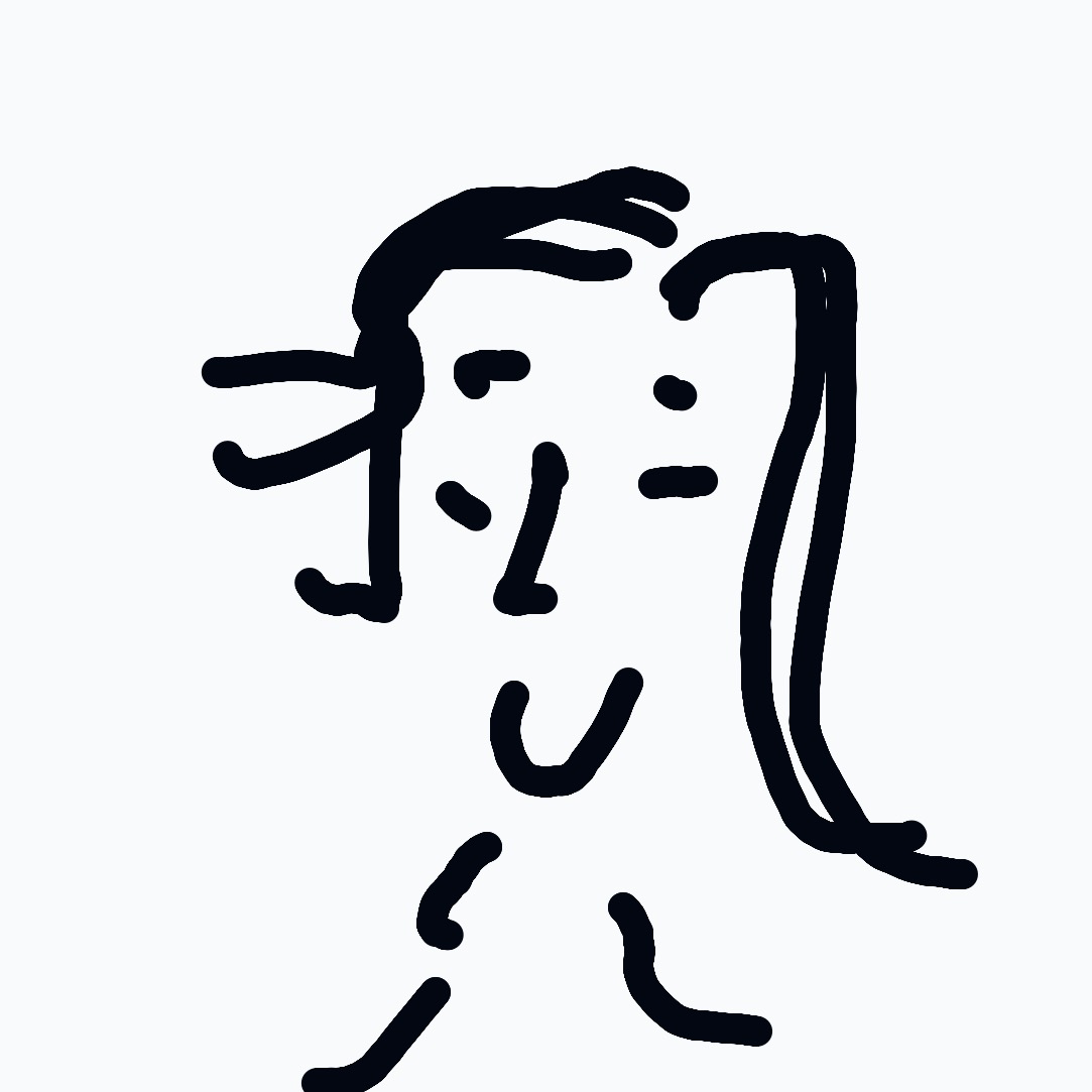 An abstract, childlike drawing of a person with a large head, simple facial features, long hair on the right, and bendy limbs.